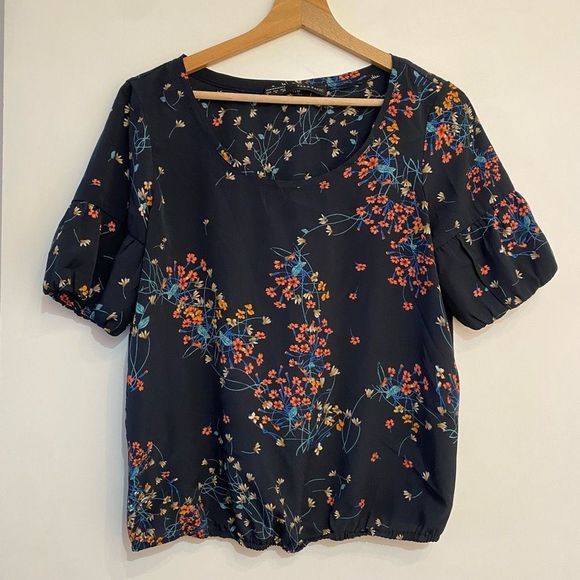 Zara Navy Floral Puff Sleeve Elastic Waist Blouse Top Size Medium - Picture 10 of 10